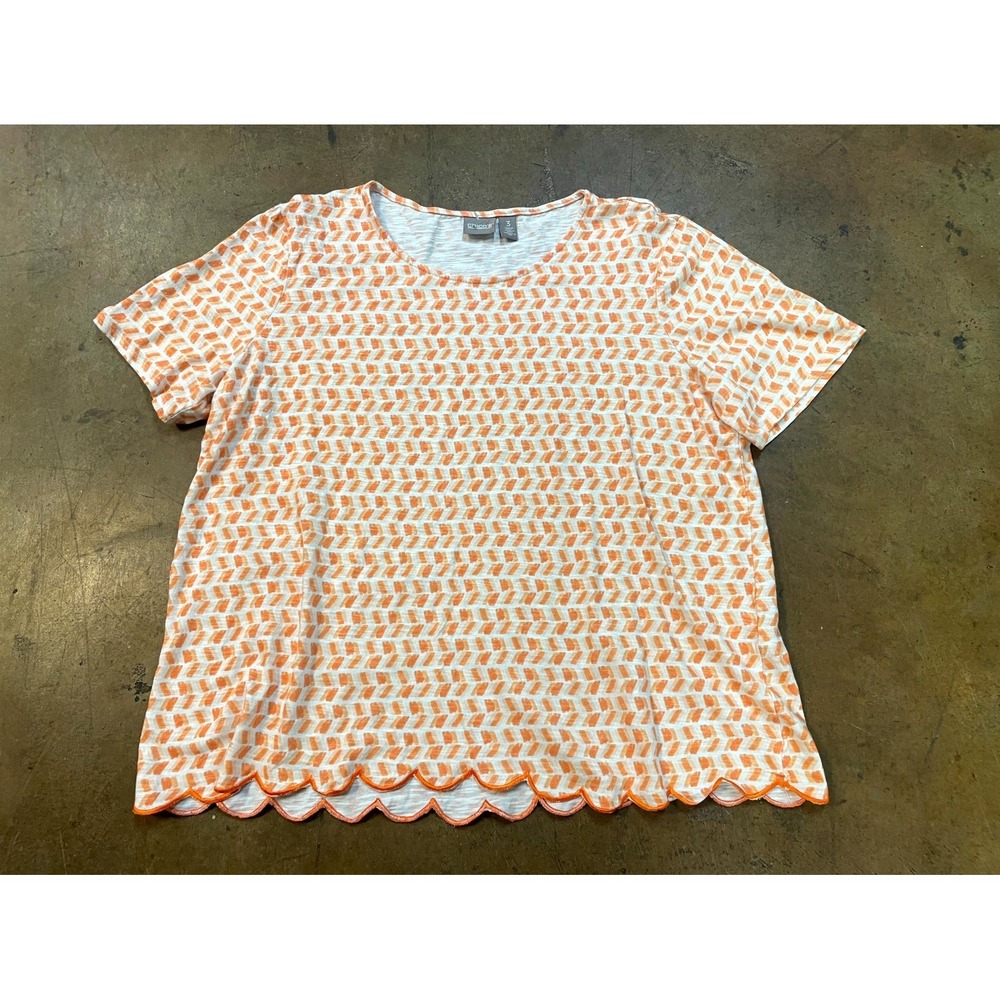 Chico's‎ Top Womens 3 Orange White Geometric Pattern Scalloped Embroidered Hem